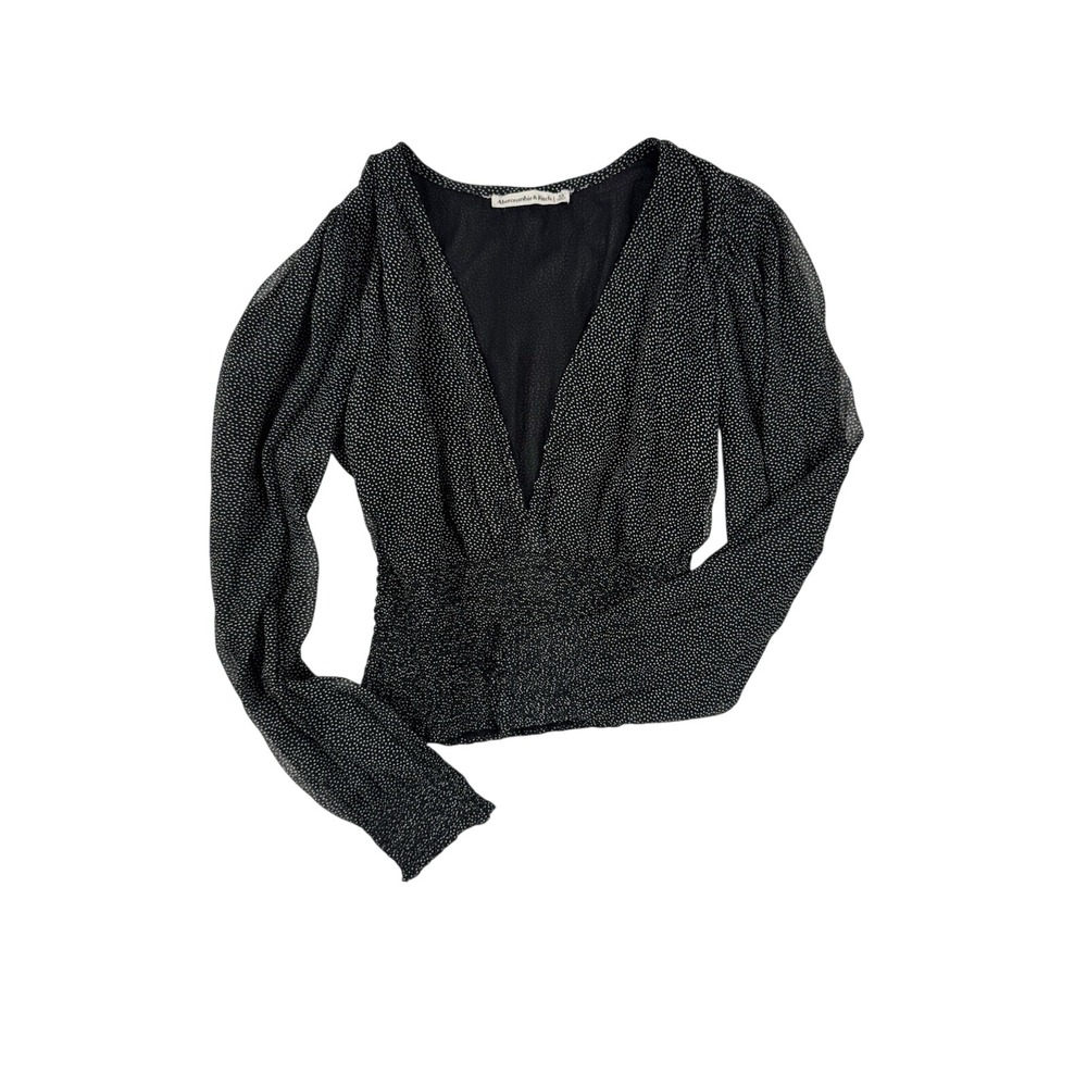 Abercrombie & Fitch Black Polka Dot Smocked Waist Blouse XS Sheer Puff Sleeve